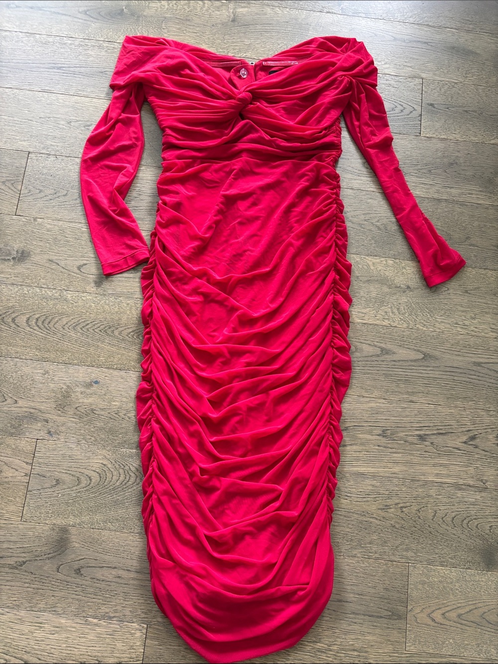 Bardot Hot Pink Ruched Off-Shoulder Long Sleeve Midi Dress